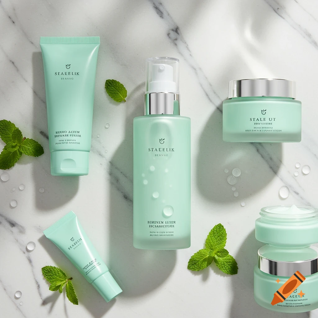 A mint green skincare set, including tubes, bottles, and jars, arranged on a white marble surface with water droplets and fresh mint leaves.
