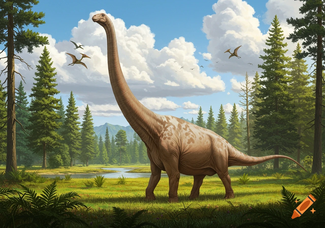 A large, long-necked Brontosaurus stands in a grassy clearing next to a stream, surrounded by pine trees under a cloudy blue sky. Pterodactyls fly overhead.