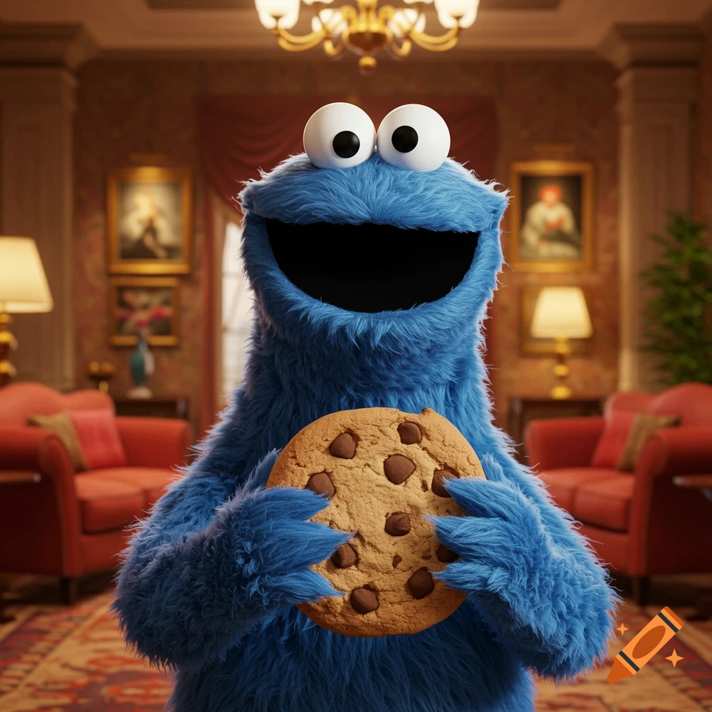 Cookie Monster with large googly eyes and blue fur happily holds a chocolate chip cookie in a lavish living room.
