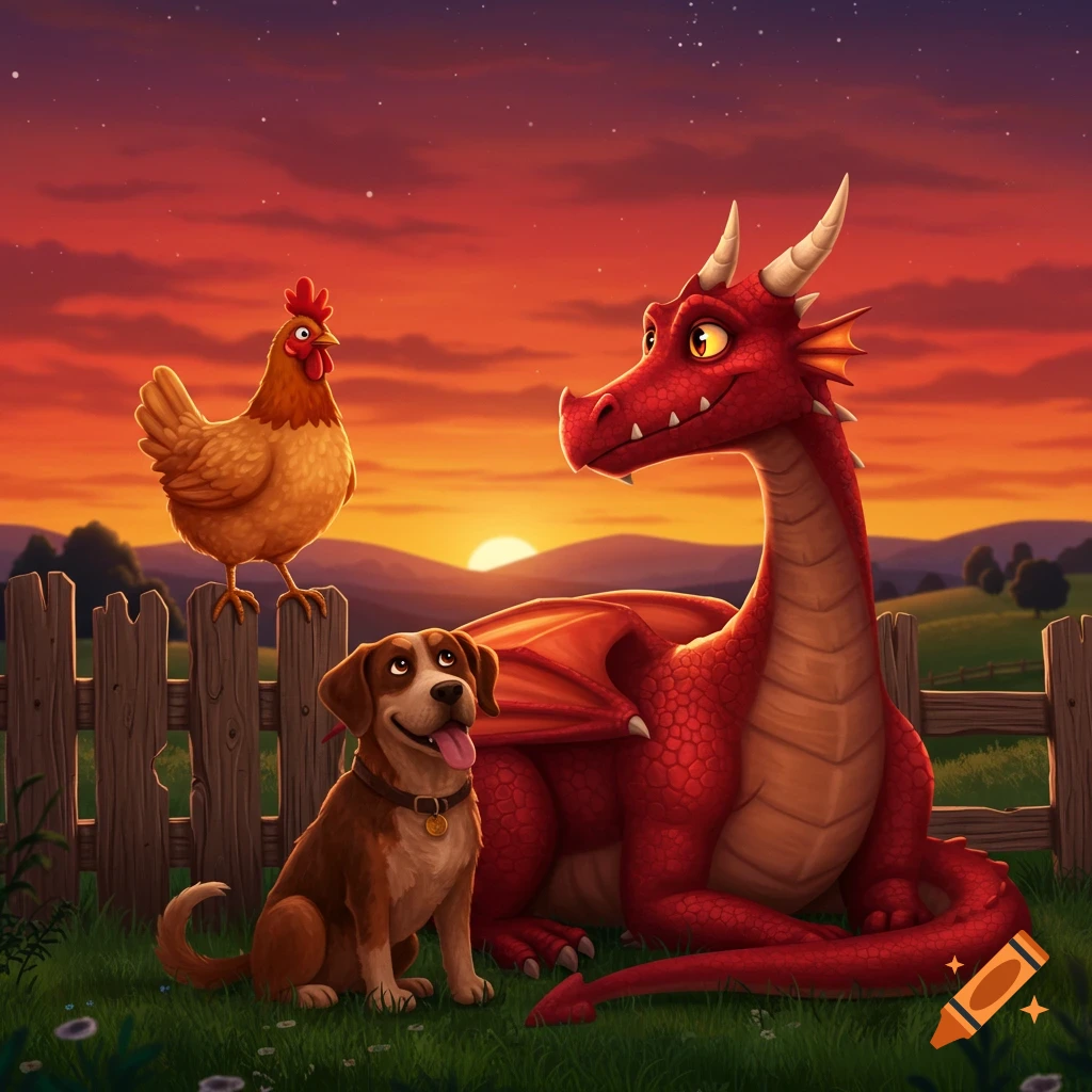 A cartoon chicken on a wooden fence, a brown dog, and a red dragon in a grassy field at sunset.