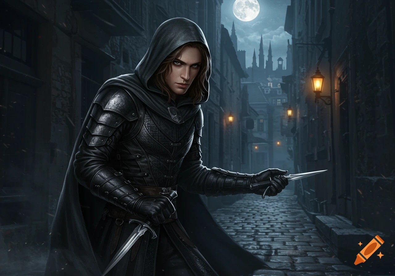 A hooded thief in black leather armor holds daggers in a dark, moonlit cobblestone alleyway, fantasy art style.