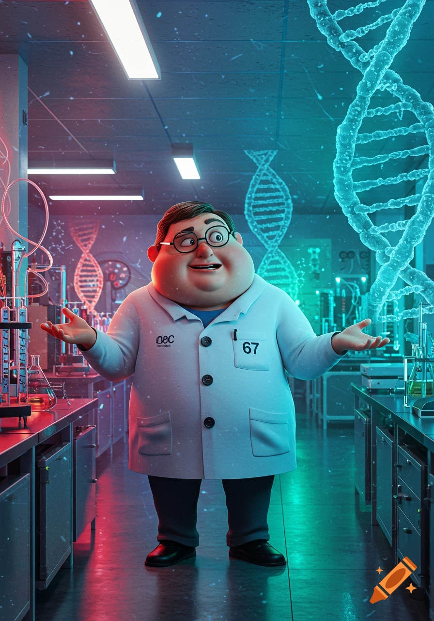 A fat cartoon scientist in a lab coat shrugging with hands up in a futuristic laboratory with glowing DNA strands.