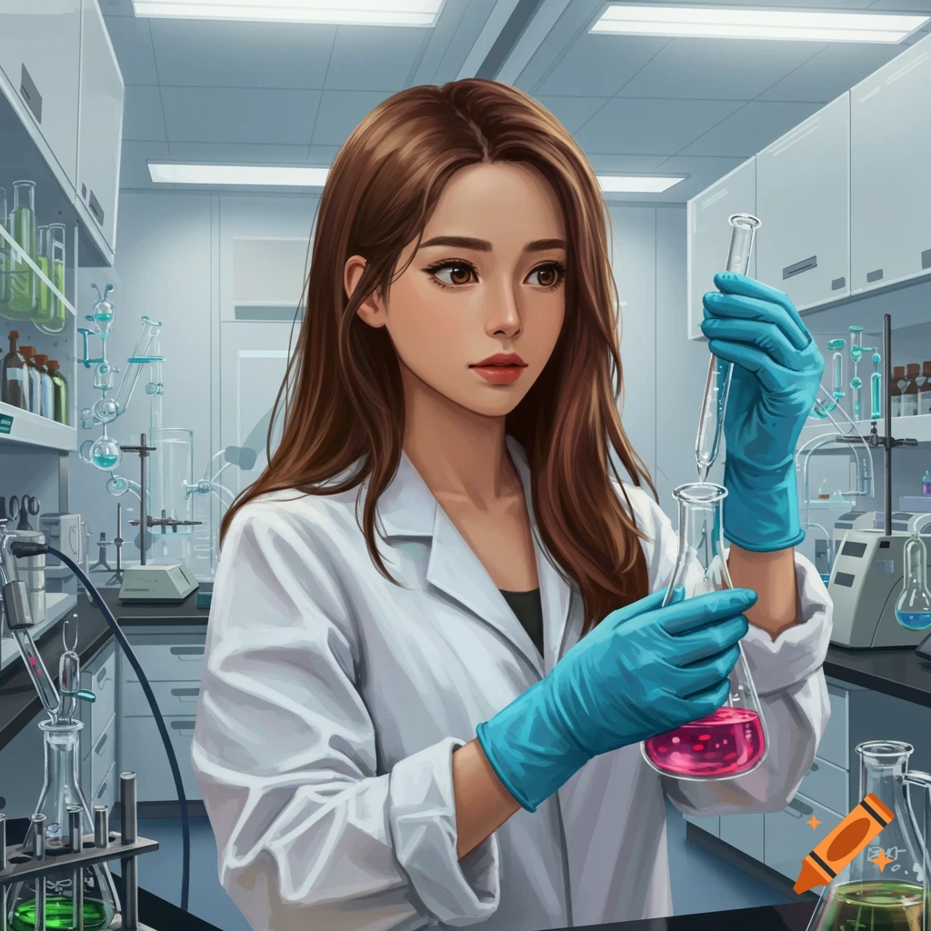 An illustrated young woman with brown hair and light skin, wearing a lab coat and blue gloves, holds a flask with pink liquid and a test tube in a laboratory.