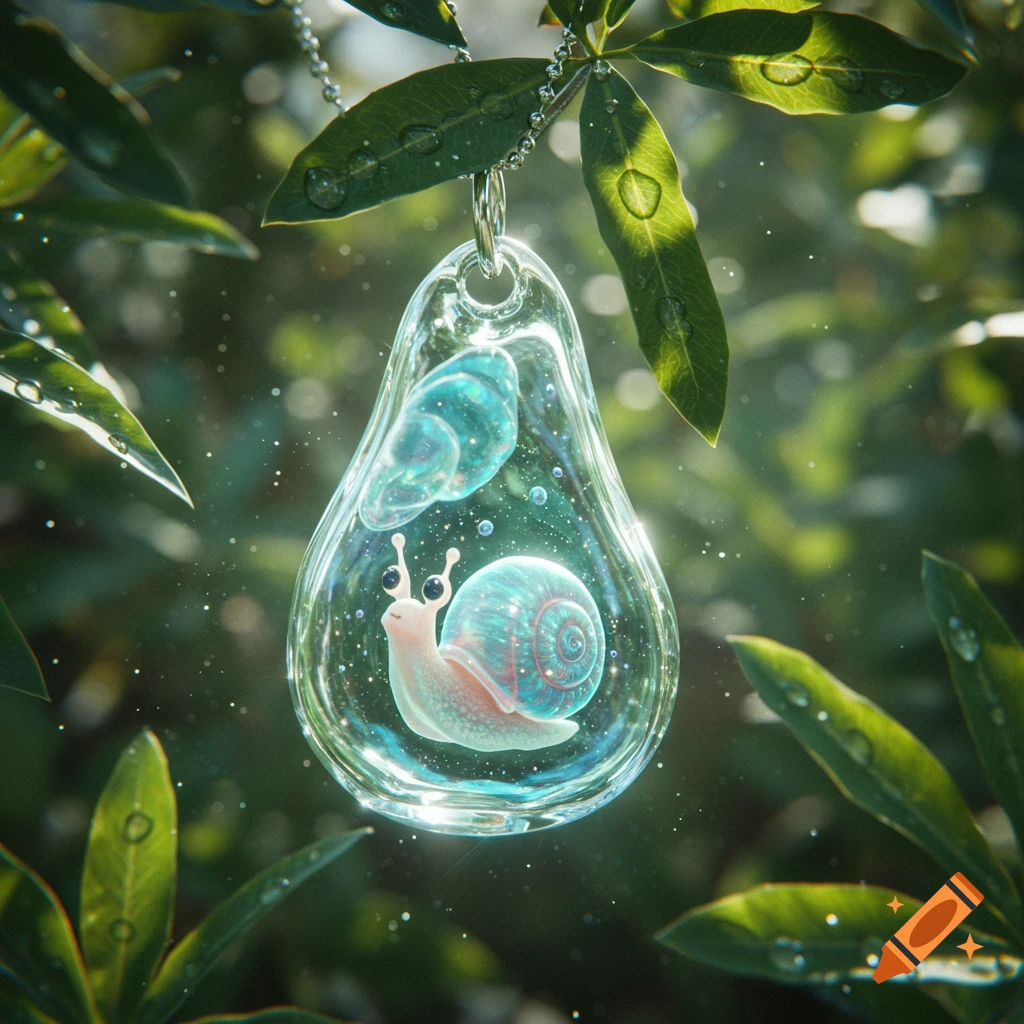 A whimsical light-pink snail with a blue shell inside a clear pear-shaped glass pendant, hanging from a leafy branch with water droplets, in a glowing green forest.