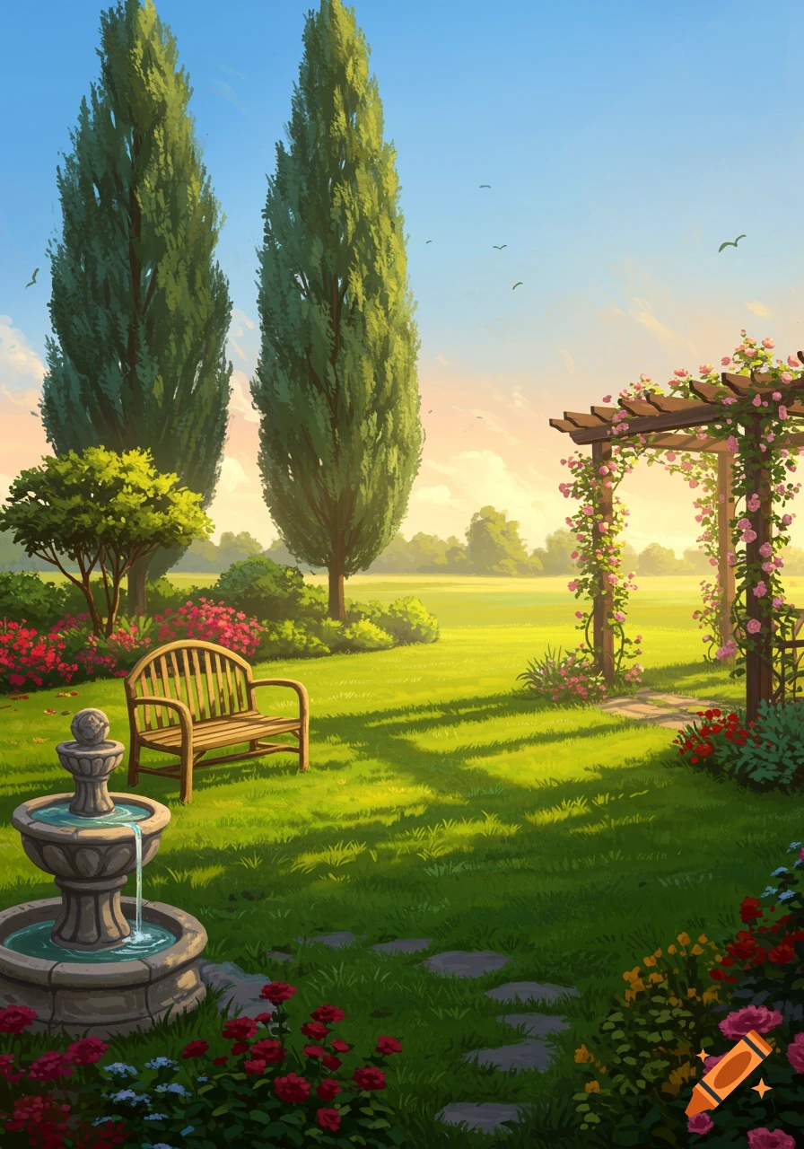 A vibrant digital painting of a lush garden with tall trees, a wooden bench, a stone fountain, and a rose-covered pergola under a clear sky.