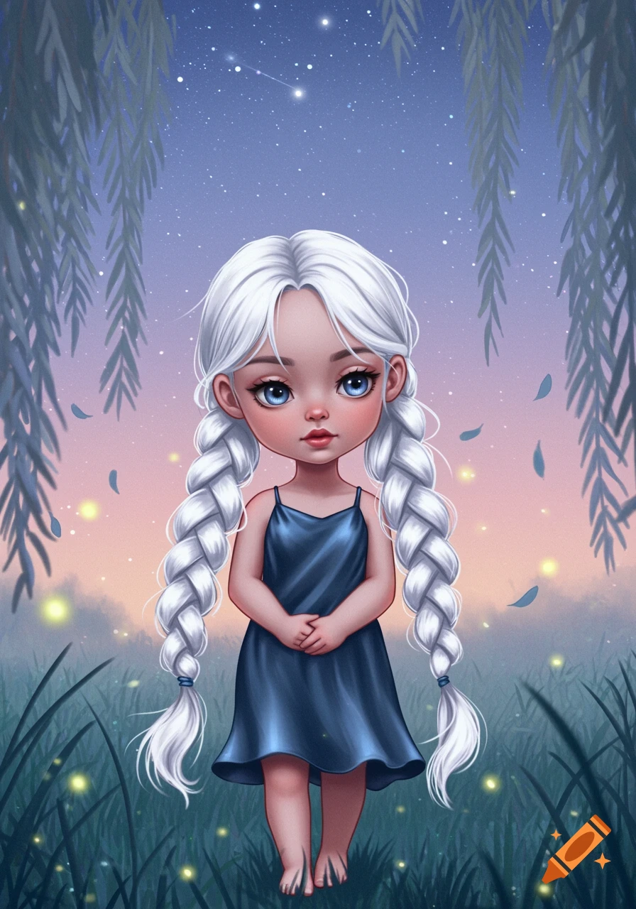 A cute stylized girl with white braided hair in a blue dress stands in grass under a starry night sky.