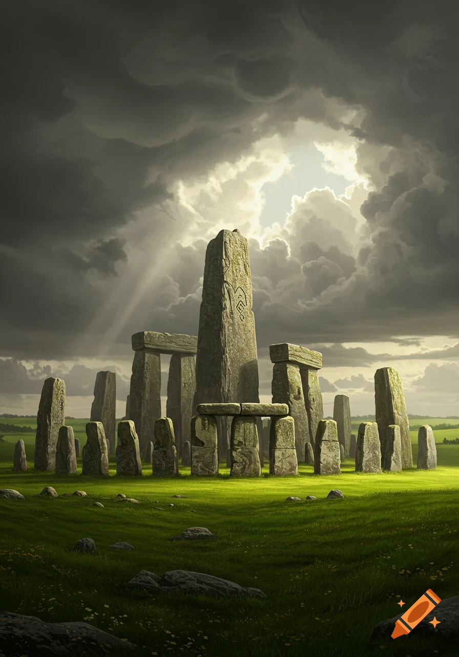 A massive Stonehenge-like monument stands in a vibrant green field under a dramatic, cloudy sky with sun rays breaking through.
