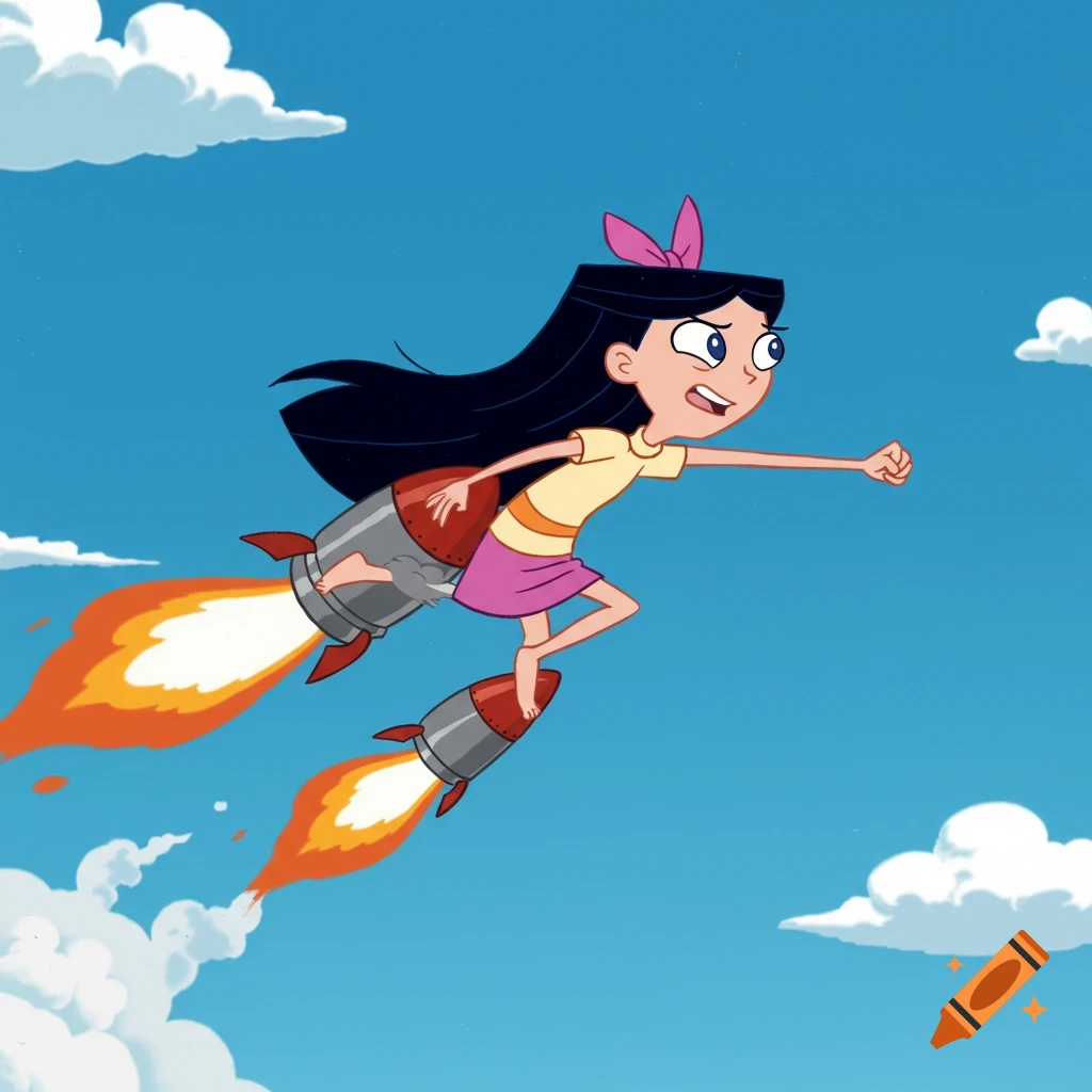 Isabella Garcia-Shapiro from Phineas and Ferb flies horizontally across a blue sky on rocket-powered bare feet.
