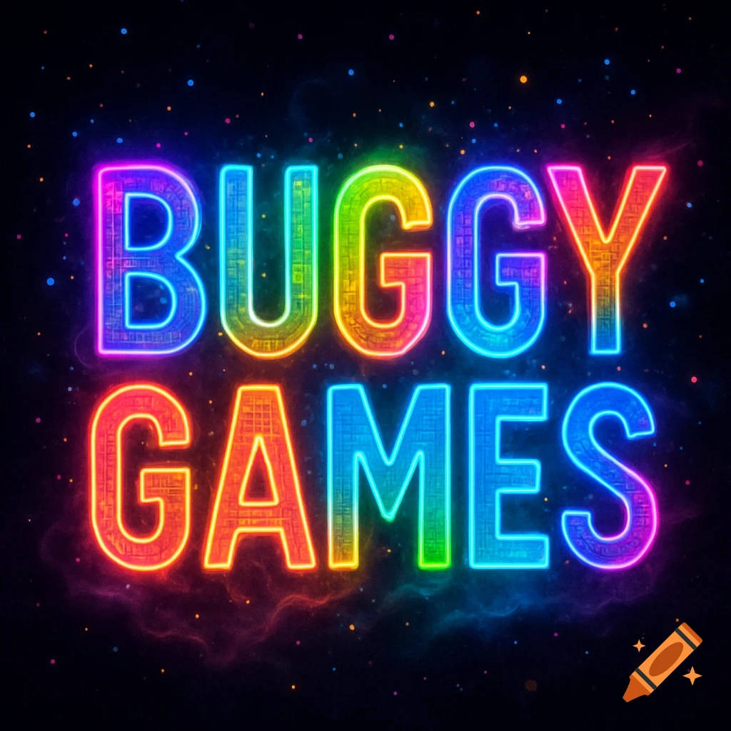The words BUGGY GAMES in bright rainbow neon letters against a dark, starry background.