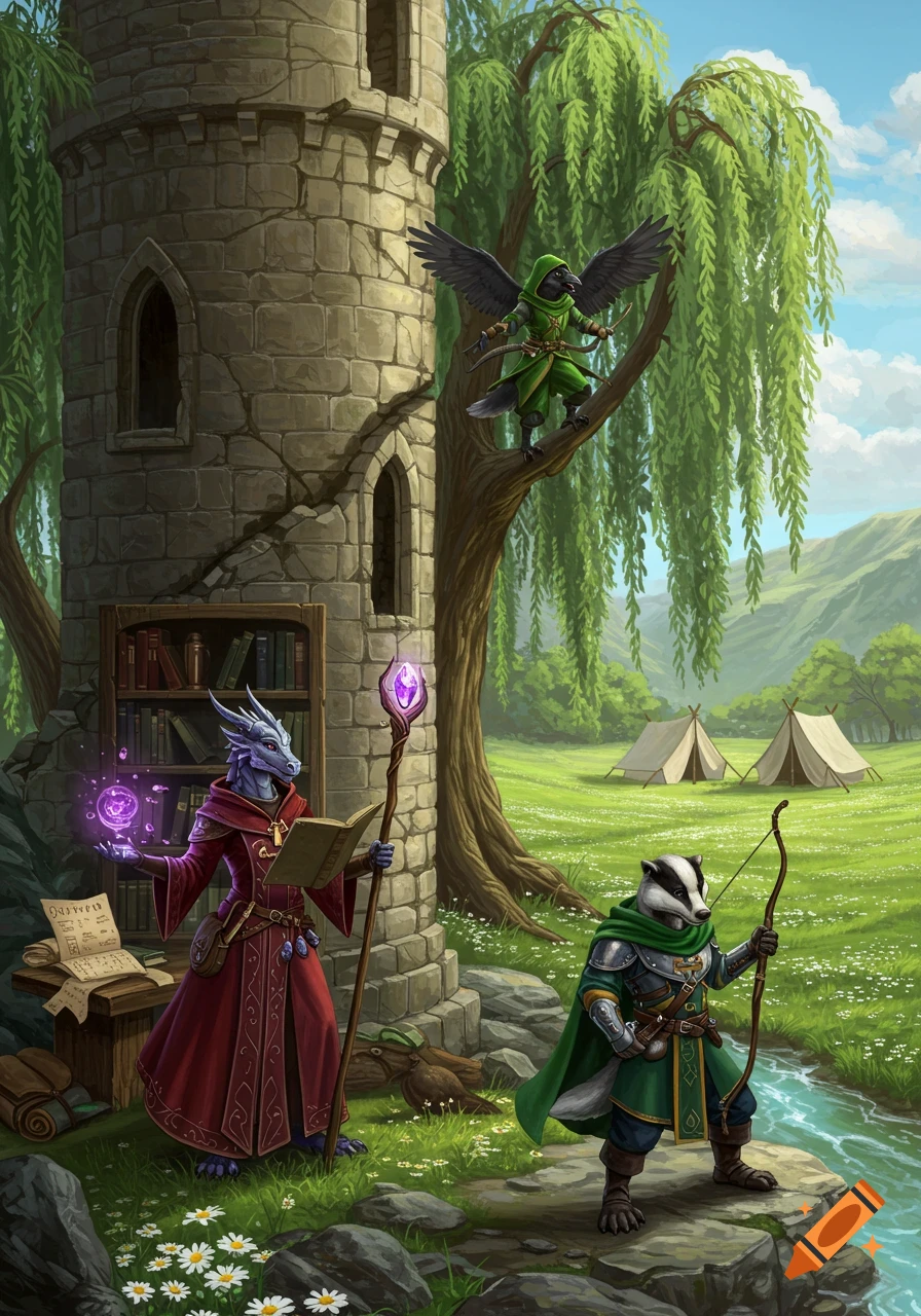 A badger paladin, dragon magic user, and raven rogue stand near a ruined stone tower and weeping willow in a valley meadow.