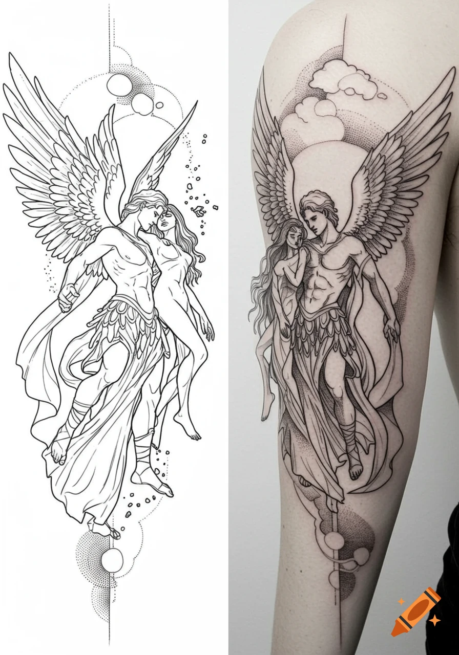 A black and white line art tattoo design showing an angel-like man saving a woman from disintegration, with a stippled background.