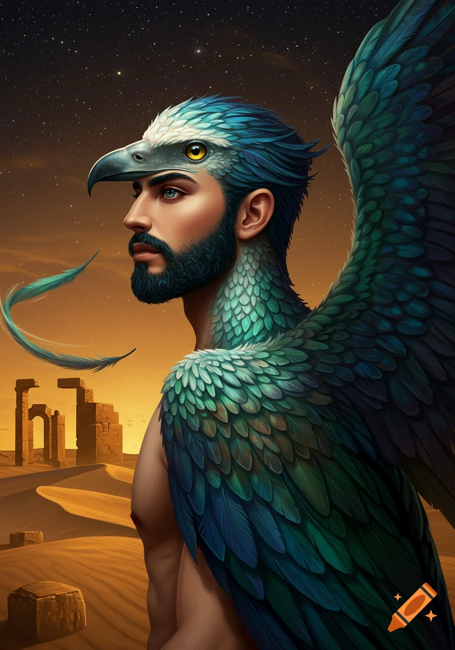 A bearded man with a bird head and feathered body stands in a desert with ruins under a starry sky.