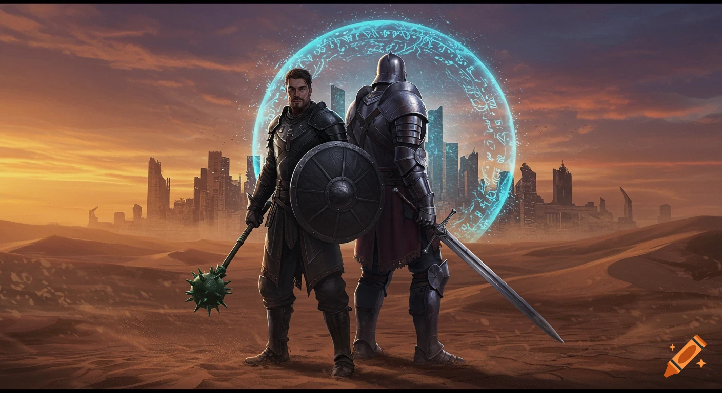 Two armored warriors, one in leather holding a mace and shield, the other in plate armor with a sword, stand in a desert landscape looking towards a futuristic city surrounded by a glowing blue magical barrier under an orange sky.