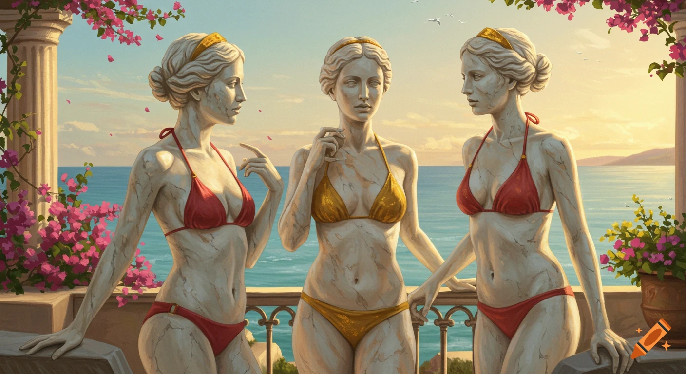 Three marble statues of women in red and gold bikinis stand on a balcony overlooking the sea at sunset, surrounded by pink flowers.