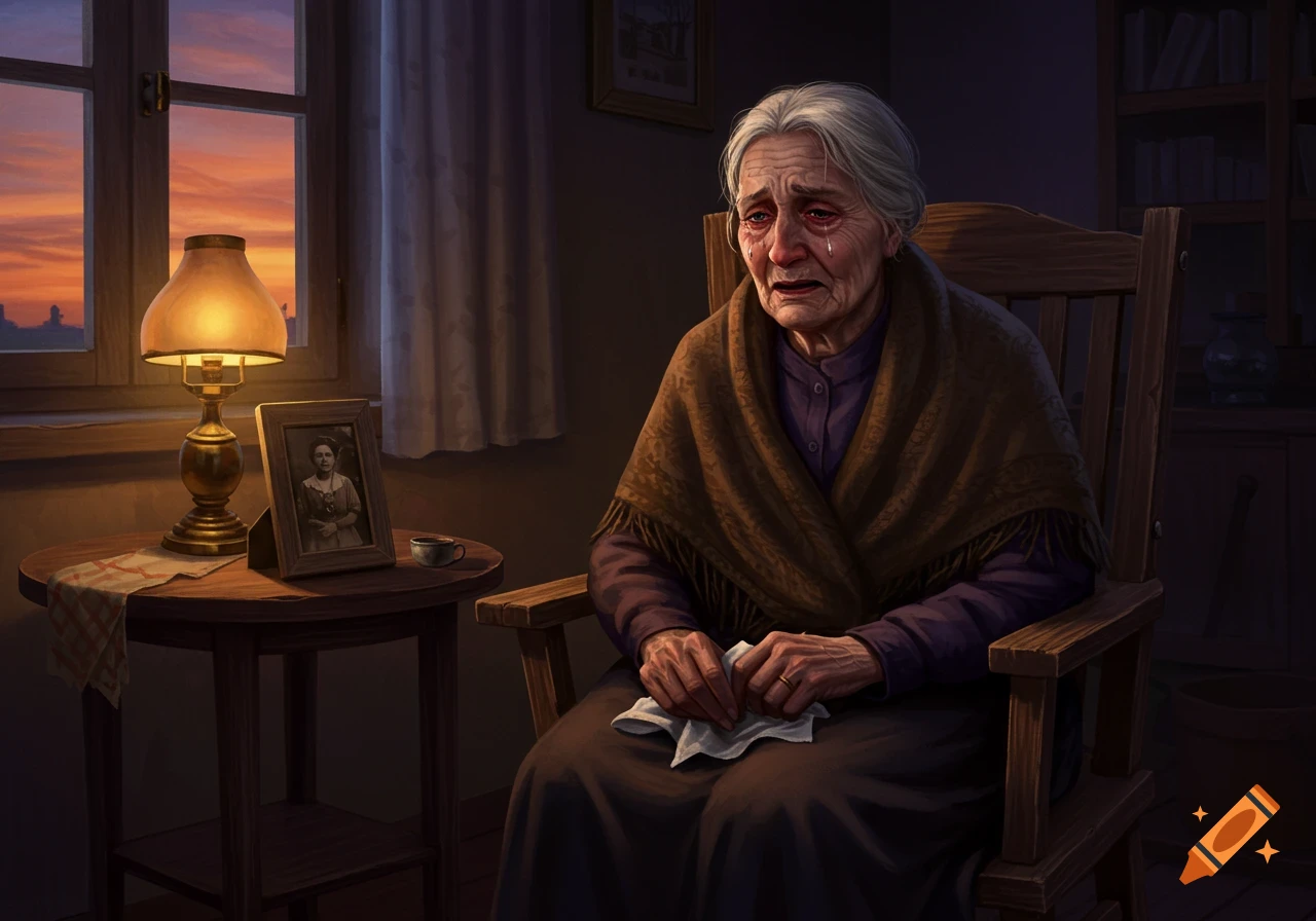An old woman with white hair sits in a chair, crying, holding a tissue. A lamp and a framed photo are on a table beside her.