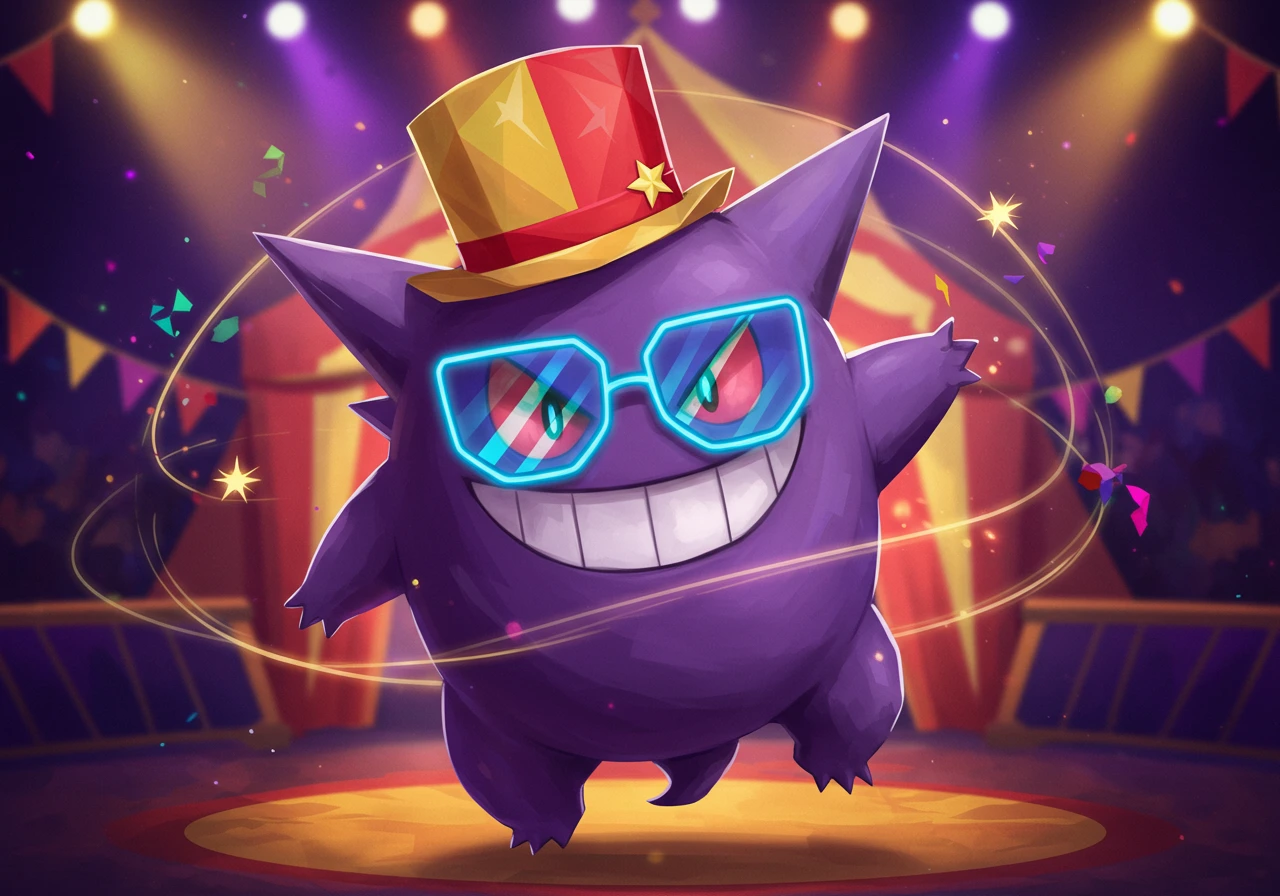 A purple Gengar Pokémon wearing a red and yellow circus top hat and blue neon-rimmed glasses smiles widely in a circus ring with confetti.