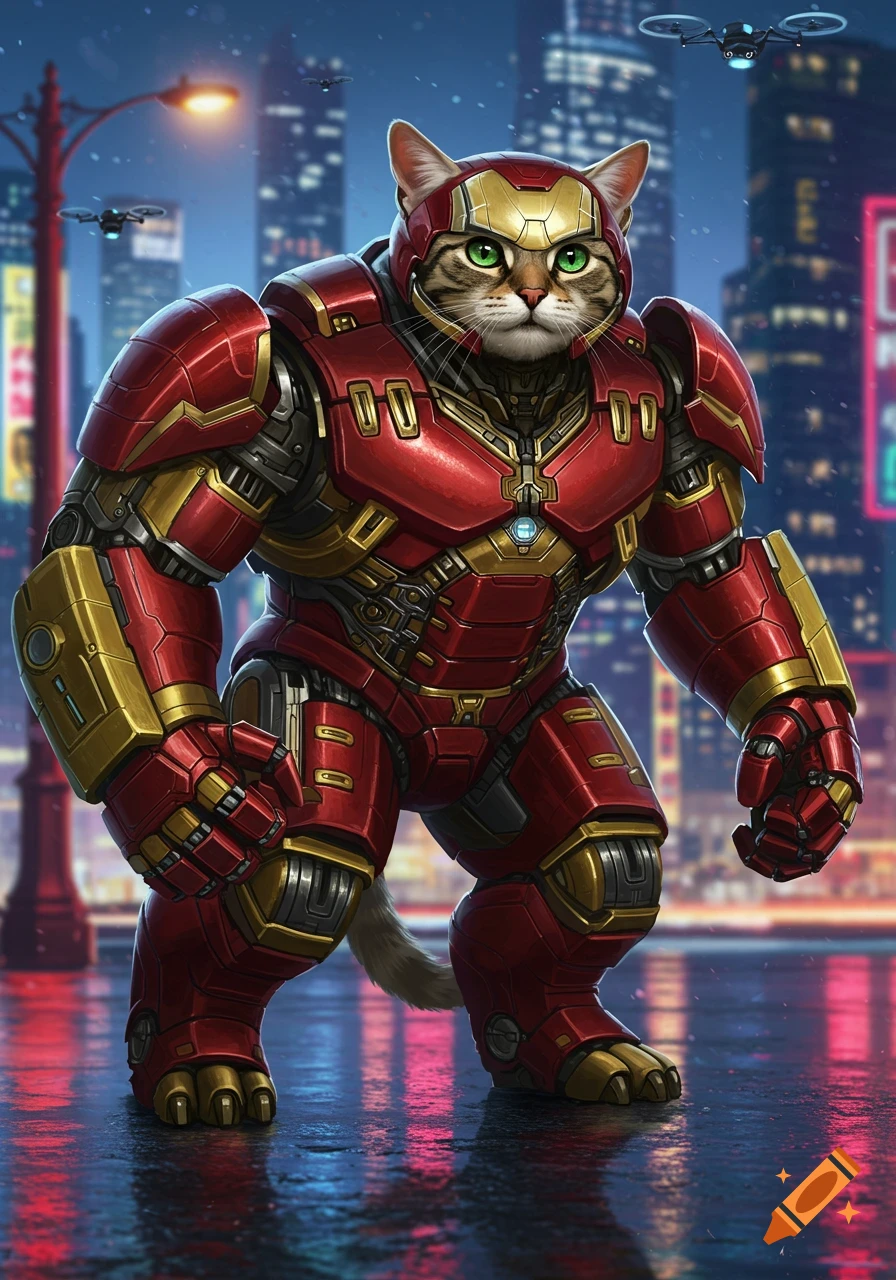 A cat in a red and gold robotic suit stands on a wet city street at night with skyscrapers and drones in the background.