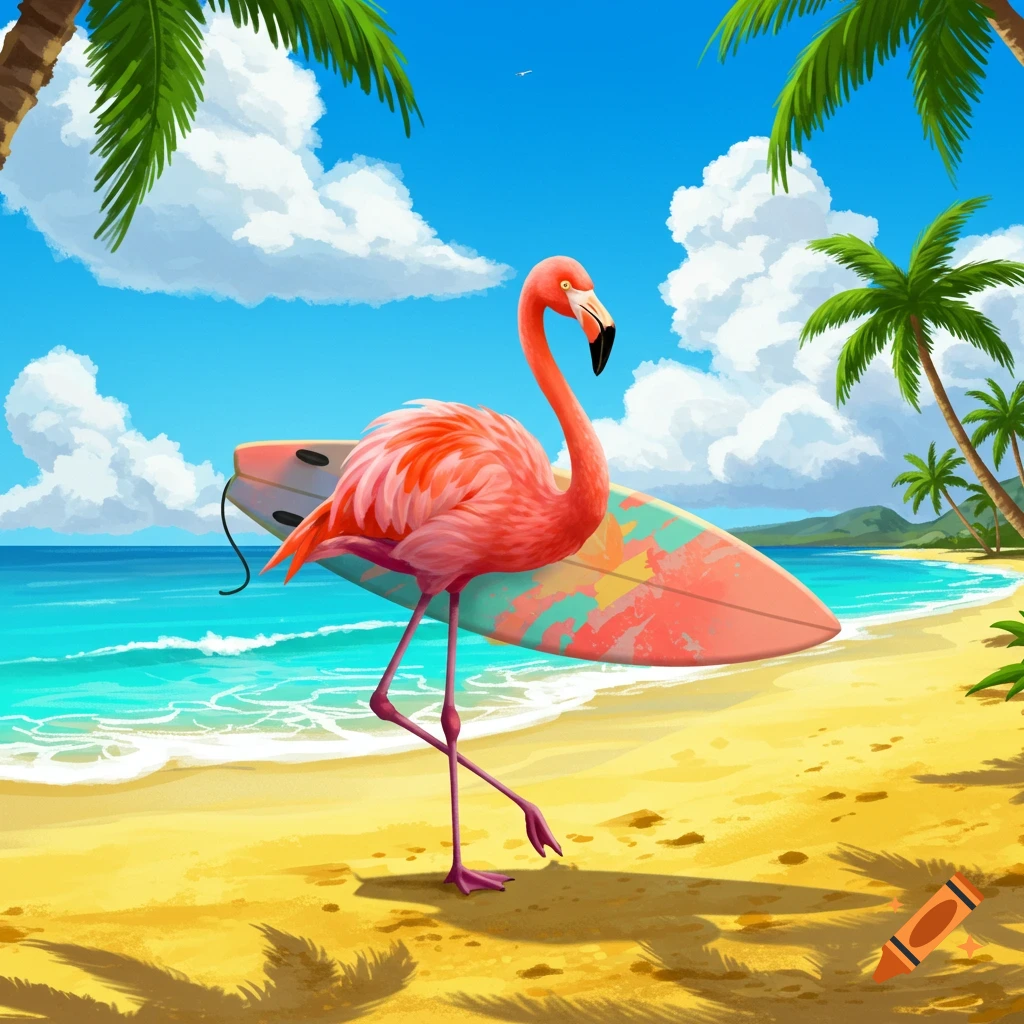 A pink flamingo with a surfboard stands on a sandy tropical beach with palm trees and blue ocean.