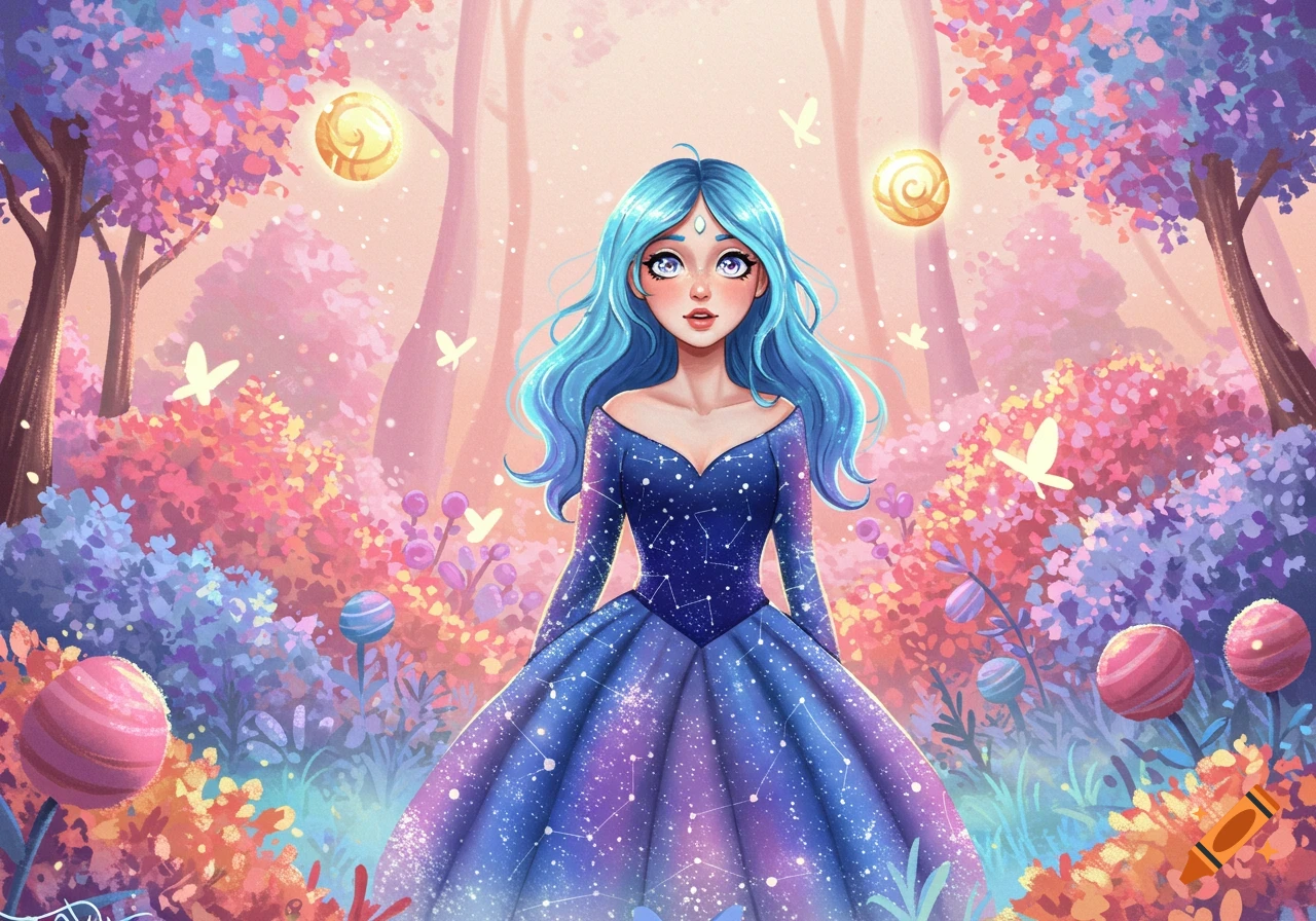 A blue-haired girl in a starry cosmic dress stands in a vibrant, whimsical fantasy forest with glowing orbs and butterflies, in an anime art style.