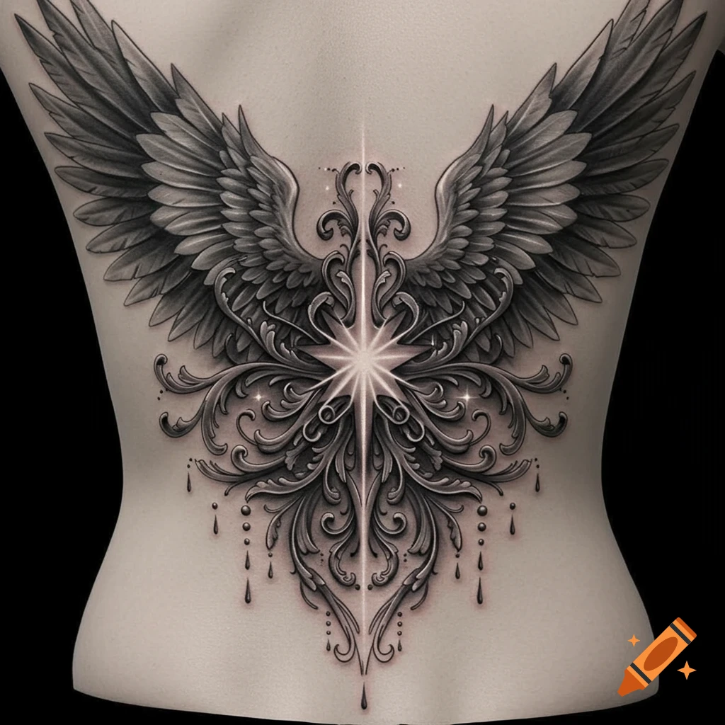 A detailed black and white back tattoo features large feathered wings above an intricate filigree design with a glowing star in the center.