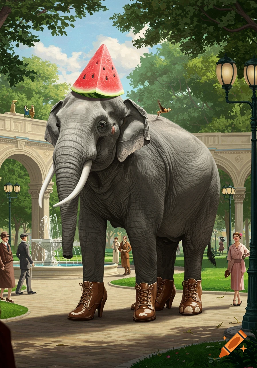 A whimsical elephant wearing brown boots and a slice of watermelon as a hat stands in a classical park setting.
