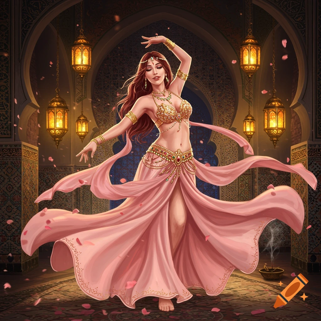A fantasy illustration of a belly dancer in a flowing pink skirt and golden top, dancing among rose petals under ornate lanterns.