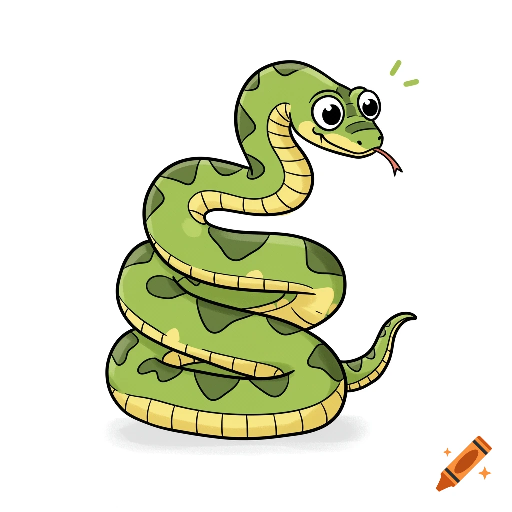 A cartoon green snake with darker green spots, coiled up, smiling with its tongue out on a white background.