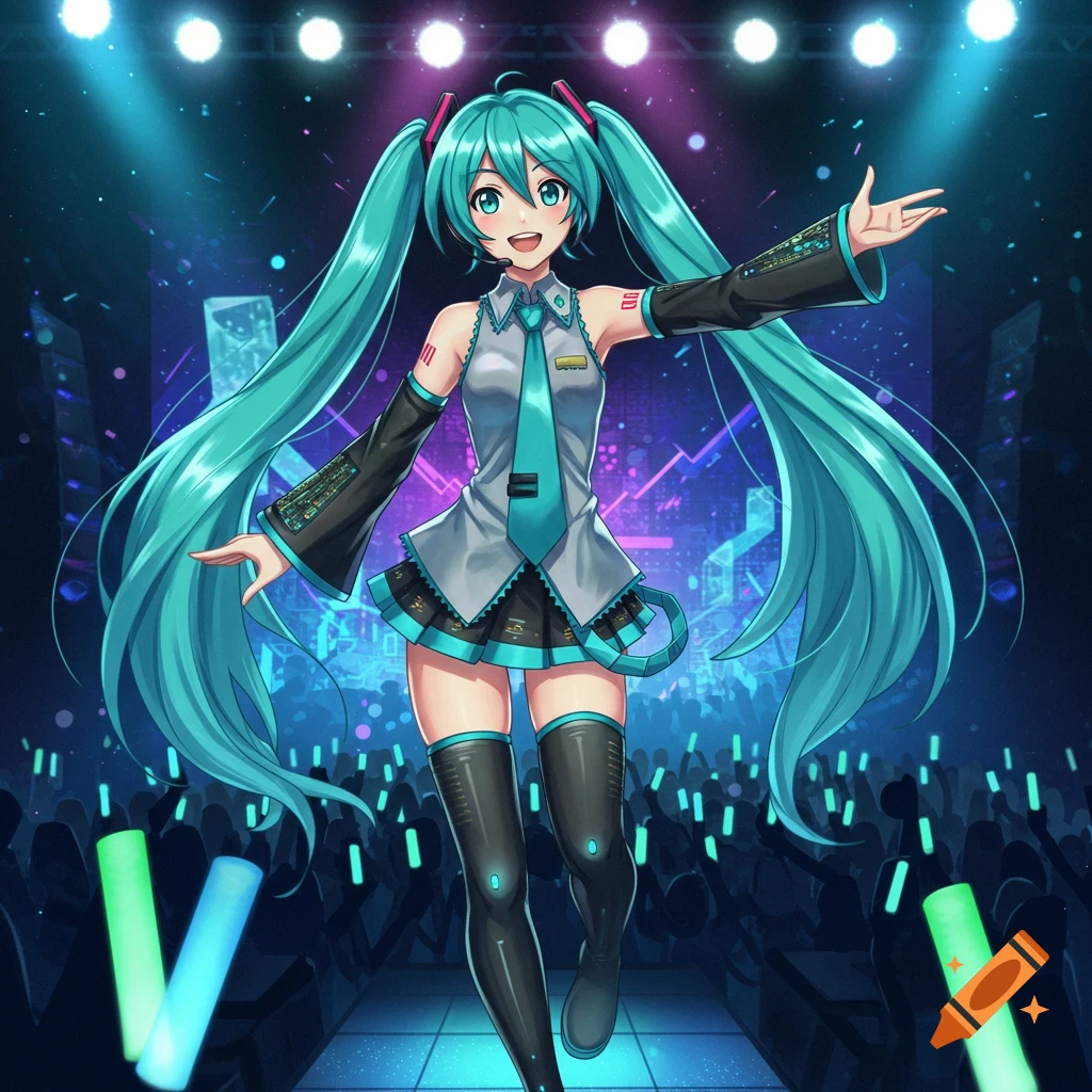 Hatsune Miku, an anime character with long teal pigtails, performs on stage under bright spotlights, surrounded by a cheering crowd with glow sticks.