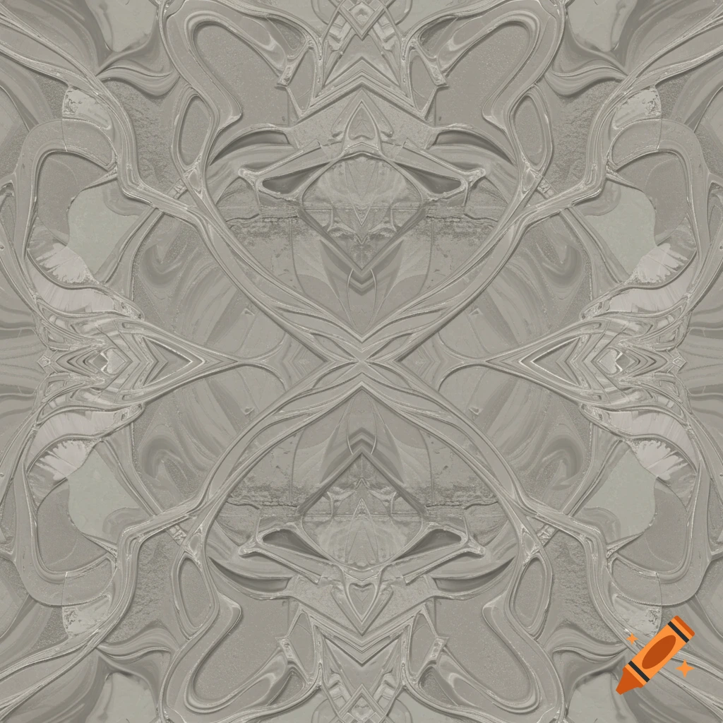 A symmetrical abstract pattern in shades of gray, resembling fluid, organic lines and textures.