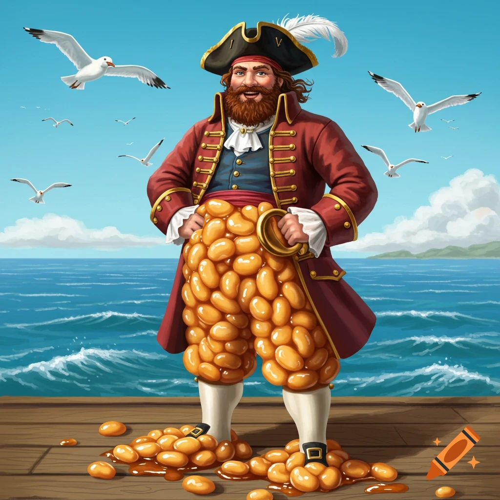 A cheerful cartoon pirate with a red coat and beard stands on a wooden deck, his pants made entirely of baked beans, some spilled on the floor. Seagulls fly over the blue ocean.