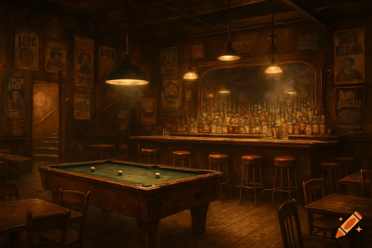 Dark, moody interior of a 1970s honky tonk bar with a pool table, many bottles behind the bar, and vintage posters on the walls.