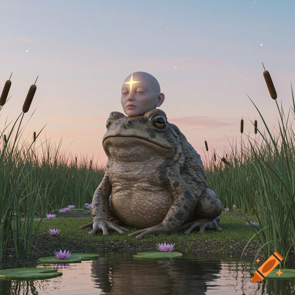 A large photorealistic toad with a human head and glowing star on its forehead sits by a pond with lily pads and cattails at sunset.