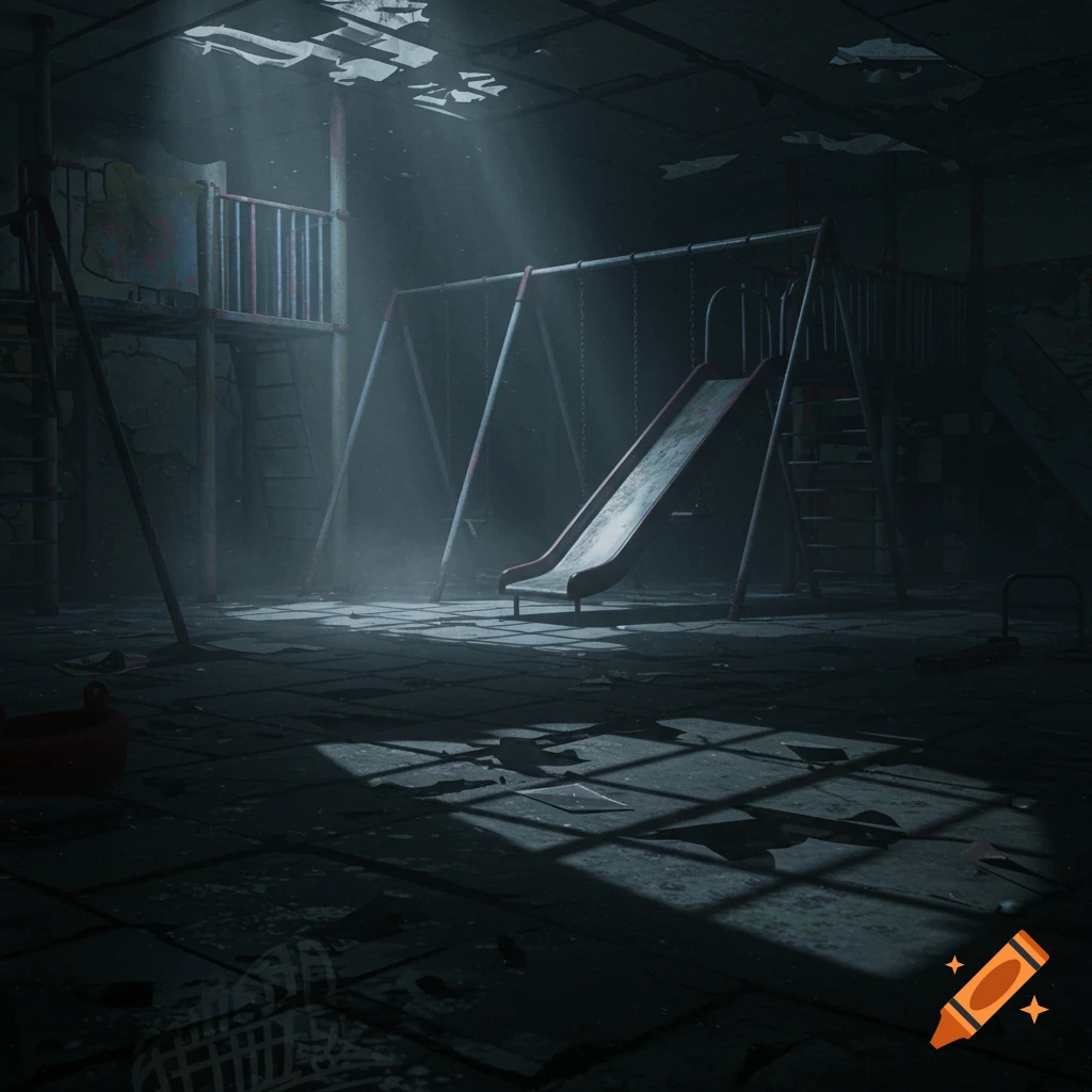 Eerie, photorealistic image of a dark, abandoned indoor playground with sunbeams shining through a hole in the ceiling.