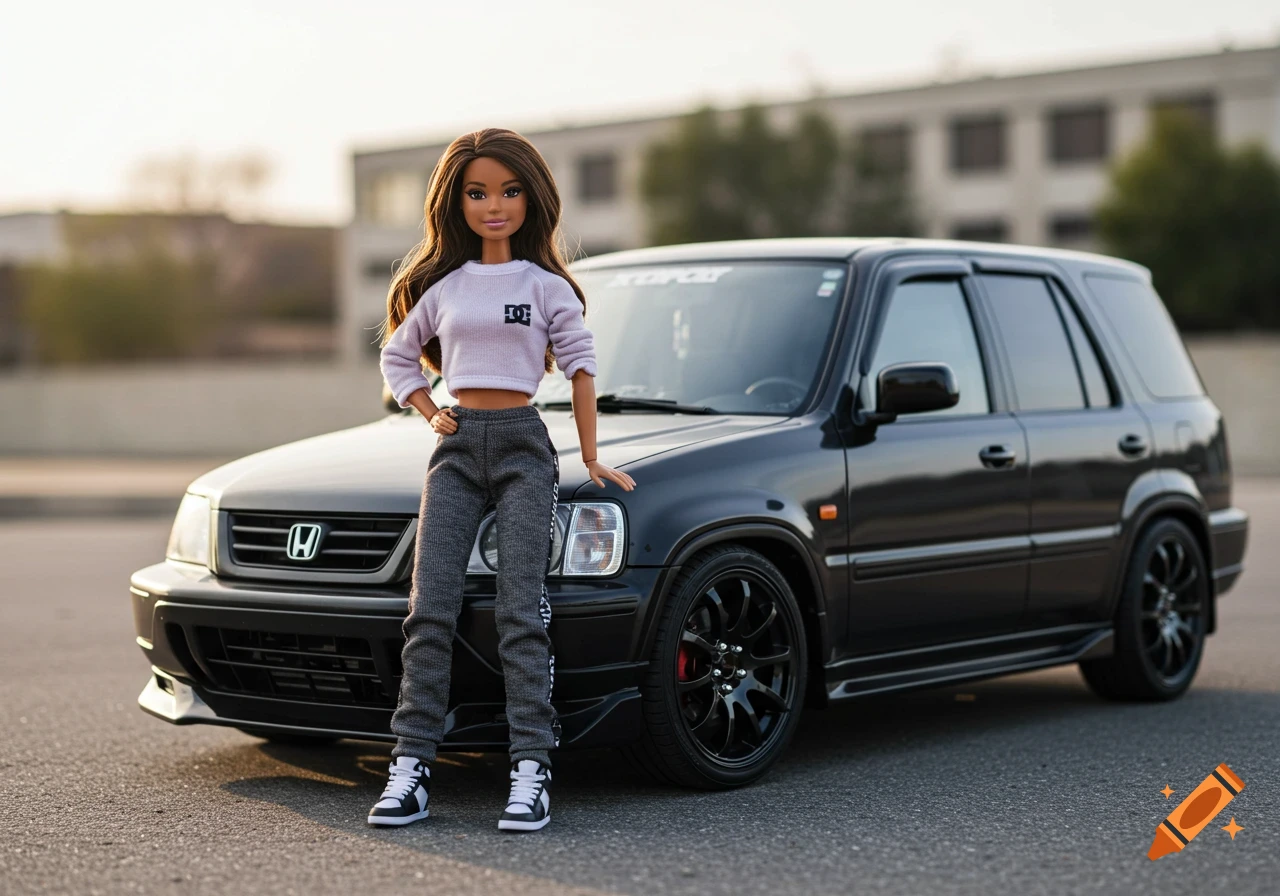 Photorealistic Barbie doll in activewear poses next to a black tuned Honda CRV on an asphalt road at sunset.