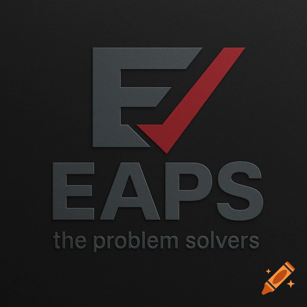 A dark gray logo with an abstract 'E' forming a red checkmark on a textured black background. Below it, the text 'EAPS' and 'the problem solvers' in matching dark gray.