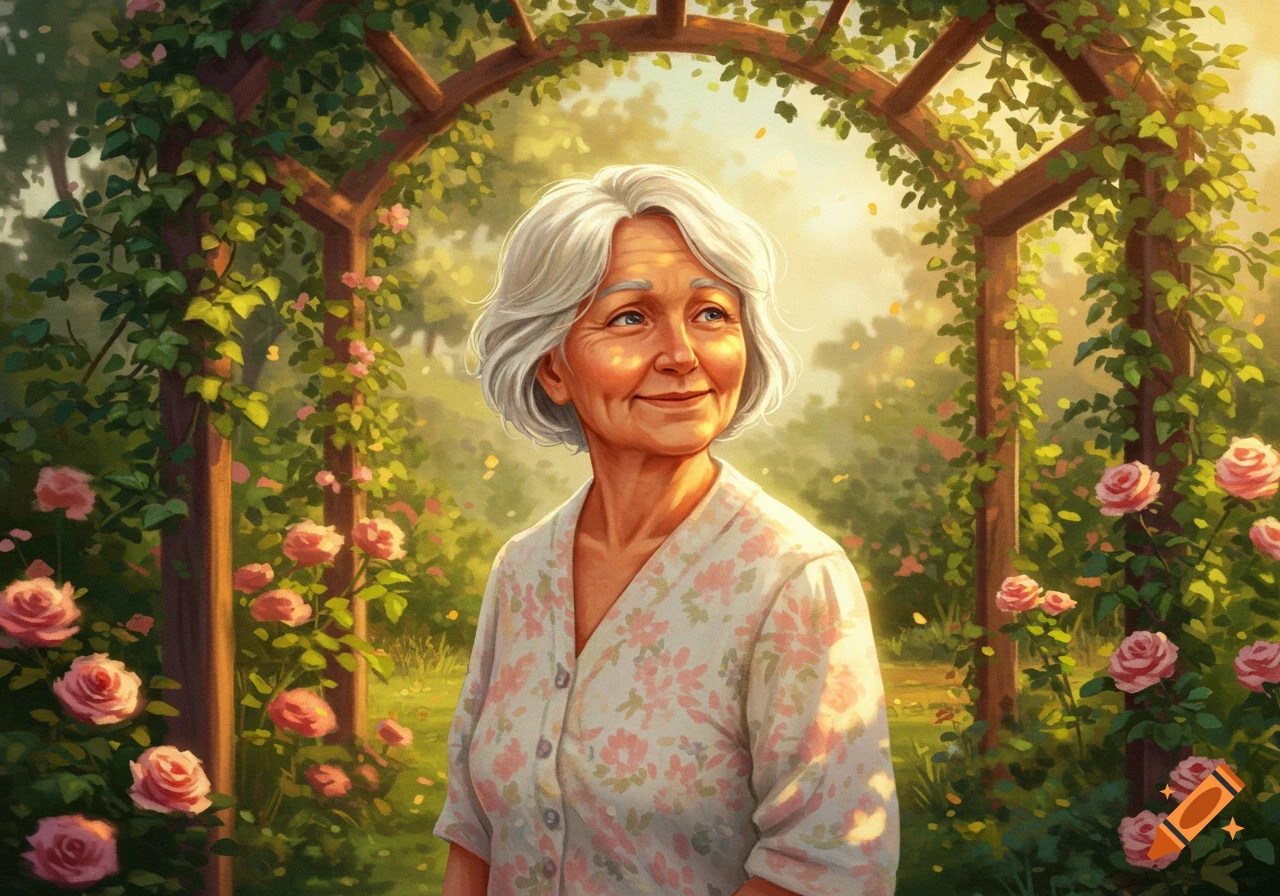 Illustration of a smiling elderly woman with white hair, standing under a rose-covered garden arch in warm sunlight.