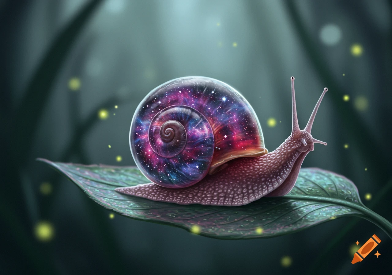A fantastical snail with a swirling galaxy inside its translucent shell sits on a green leaf with glowing fireflies.