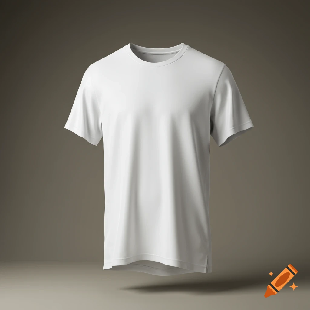 A white t-shirt is suspended against a dark brown gradient background, well-lit with soft shadows.