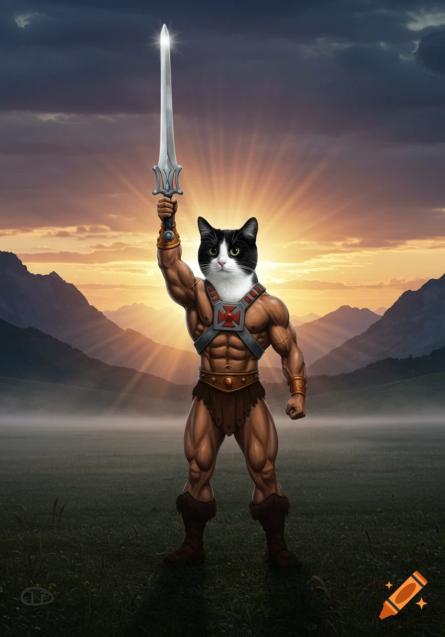 A black and white tuxedo cat with He-Man's muscular body holds a glowing power sword aloft in a misty field at sunset.