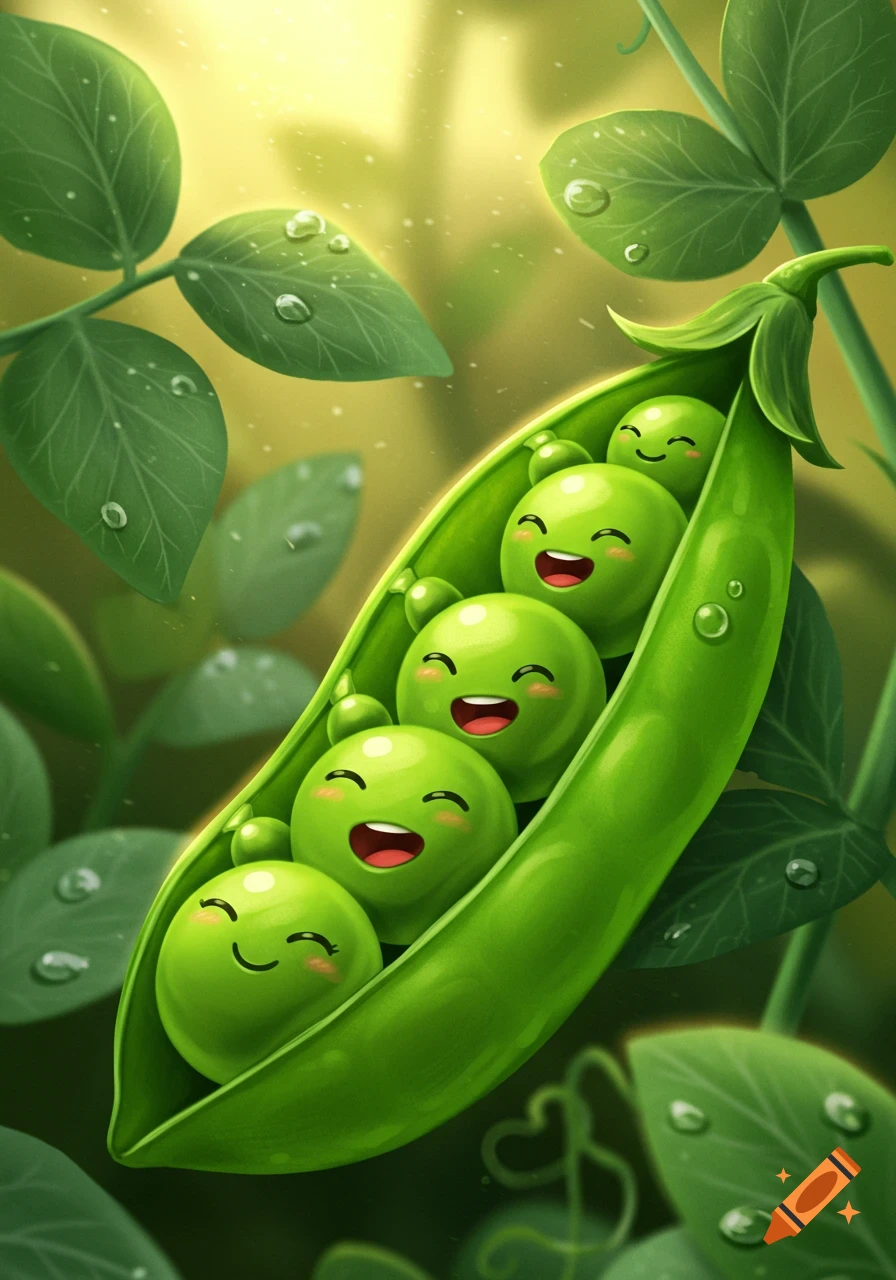 Cartoon of five smiling green peas in a pod. Lush leaves with water droplets surround them in bright sunlight.