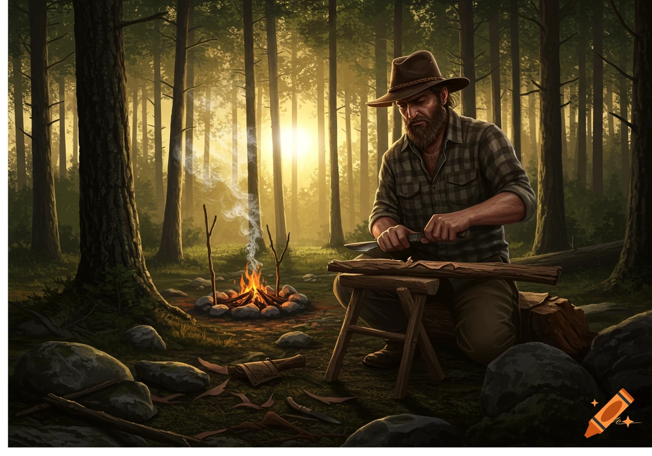 Illustrated man with a beard and hat carving wood by a campfire in a sunlit forest.