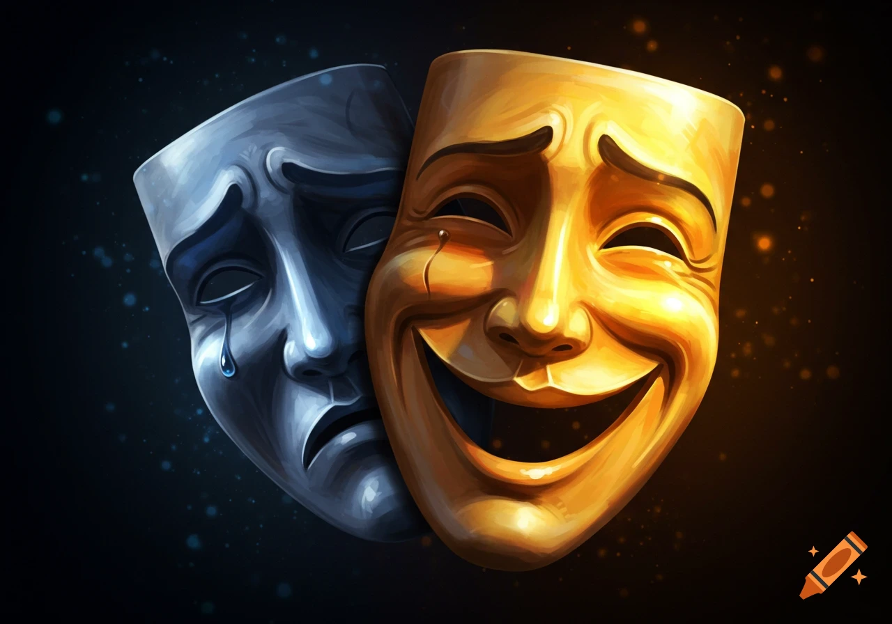 A gold comedy mask laughing and a silver tragedy mask crying, side-by-side on a dark background.