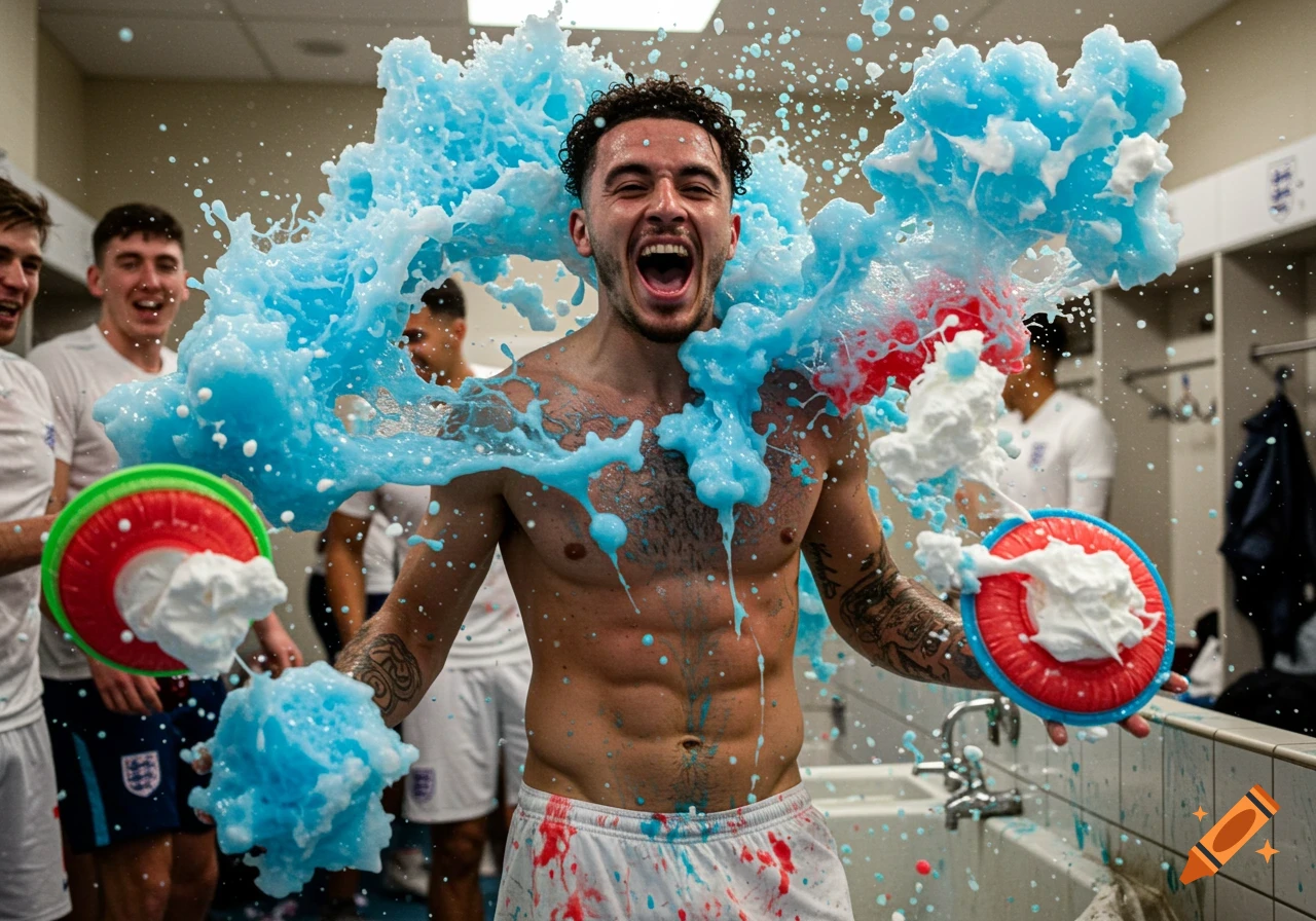 Shirtless male football player covered in blue and white foam, celebrating loudly in a locker room with teammates.