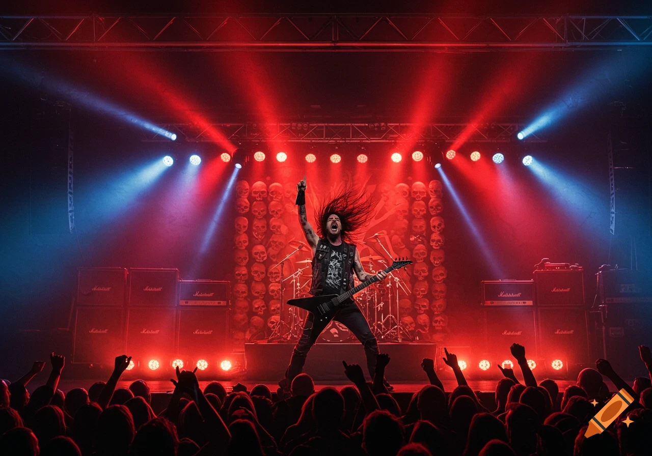 A metal guitarist performs on stage under red and blue lights, with a skull backdrop and a cheering crowd.