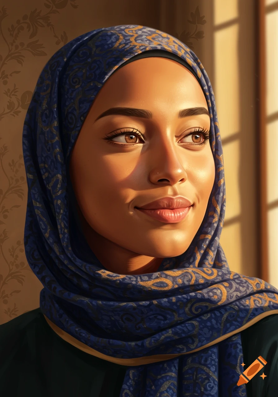A close-up portrait of a young woman wearing a blue patterned hijab, lit by golden sunlight.