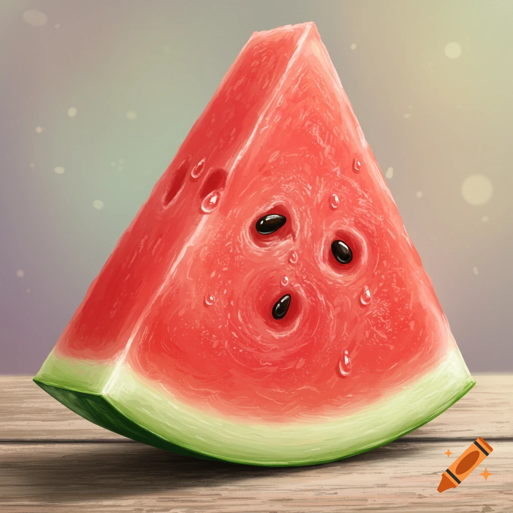 A vibrant digital painting of a fresh watermelon slice with water droplets on a wooden table.