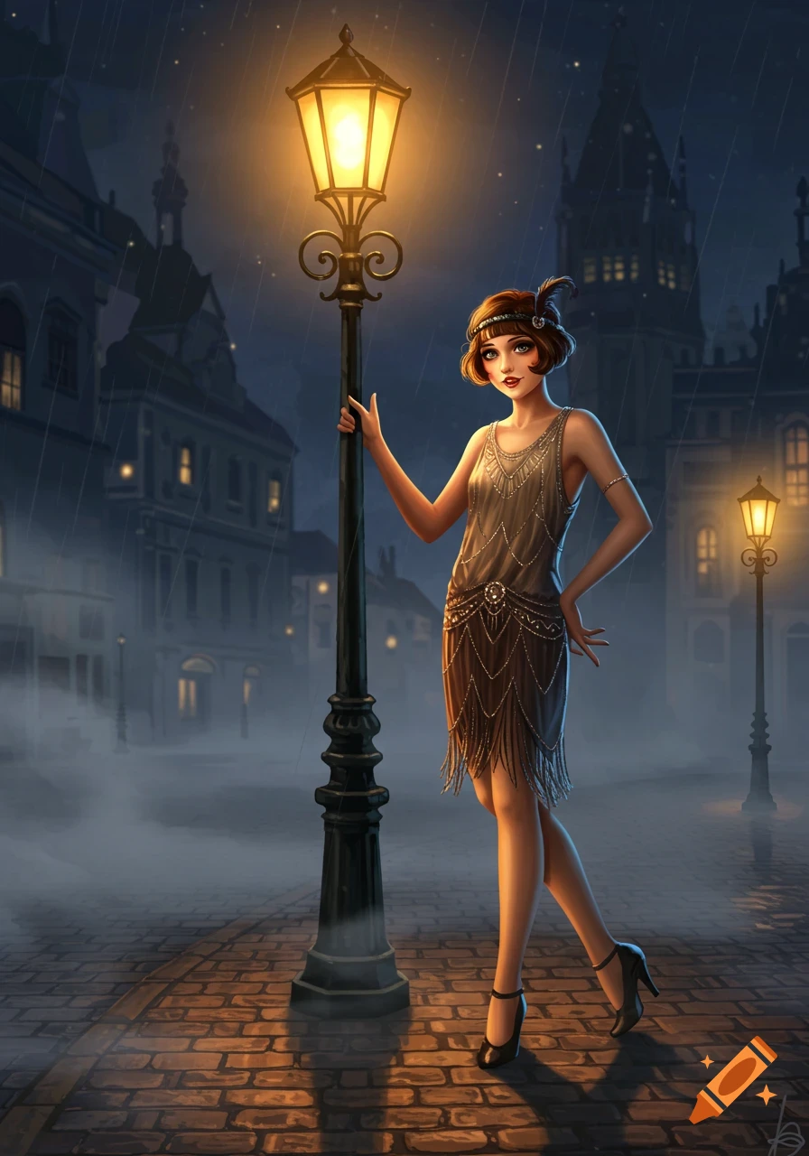An illustration of a flapper girl in a beaded dress standing by a glowing lamppost on a cobblestone street at night, with city buildings in the misty background.