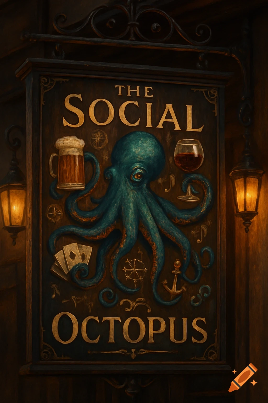 A detailed, vintage-style pub sign for 'The Social Octopus', featuring a teal octopus, a beer mug, and a wine glass, illuminated by lanterns.
