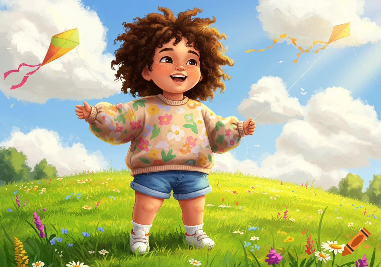 A happy cartoon child with curly hair flies kites in a sunny, flower-filled meadow under a blue sky.