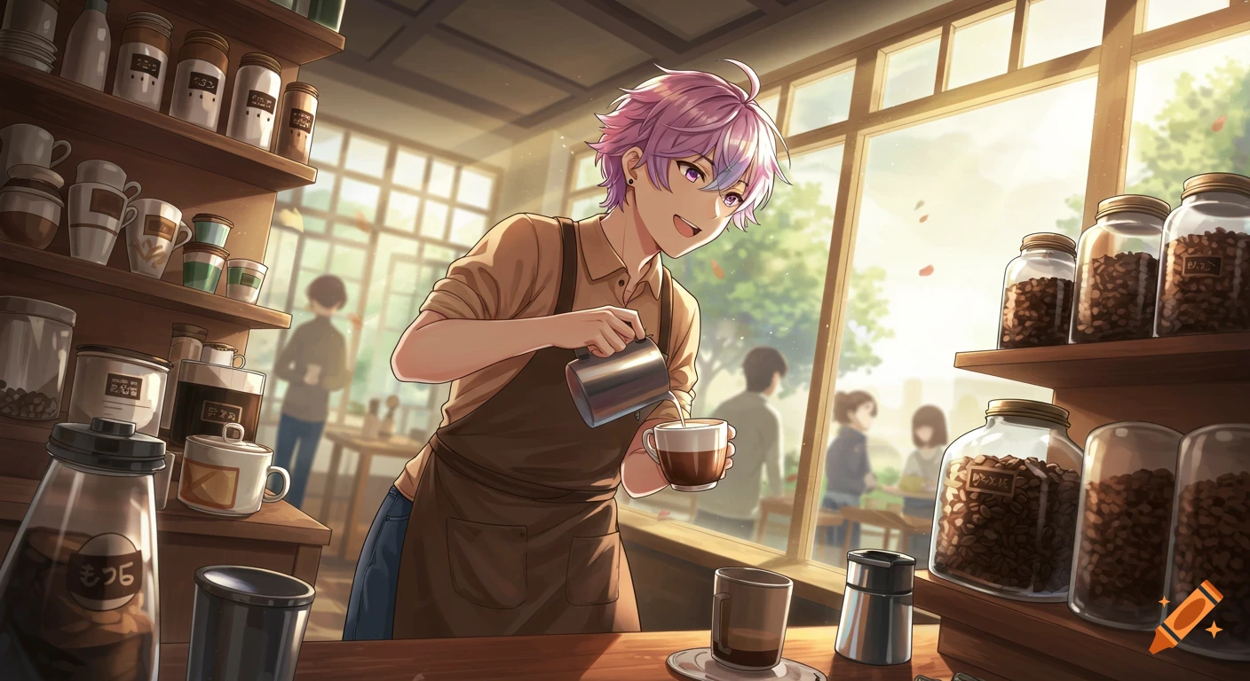 Anime barista with purple hair pours coffee in a sunny cafe, surrounded by shelves of jars.